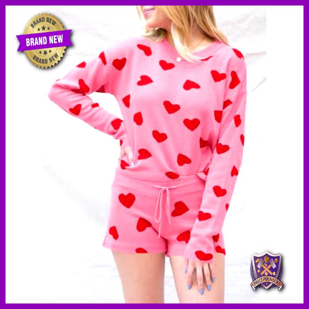 Womens Heart Print Lounge Set Long Sleeve Sweater and Shorts 2 Piece Outfits - Picture 3 of 5